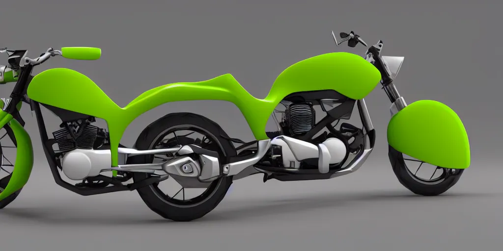 Image similar to a motorbike in the shape & color of an avocado!!!, vehicle concept photo!!, 8k!!,amazing quality!!! Unreal engine 5!!! Studio lighting!!! Cinema 4D!! Parking garage lighting!