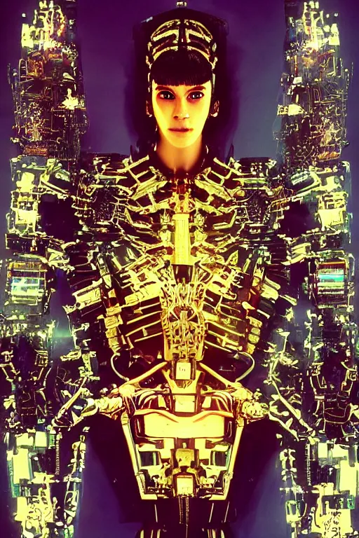 Image similar to full-body bladerunner style sculpture of a young handsome Latino prince as a half cibernetic android with a chest opening exposing circuitry and electric sparks, glowing laser beam eyes, crown of giant diamonds, flowing neon-colored silk, fabric, raptors. baroque elements. full-length view. baroque element. intricate artwork by caravaggio. reflective surfaces. Trending on artstation, octane render, cinematic lighting from the right, hyper realism, octane render, 8k, depth of field, 3D