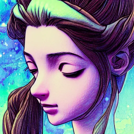 Prompt: daydreaming Aerith Gainsborough close-up portrait looking straight on, complex artistic color ink pen sketch illustration, full detail, gentle shadowing, fully immersive reflections and particle effects, chromatic aberration, statue.