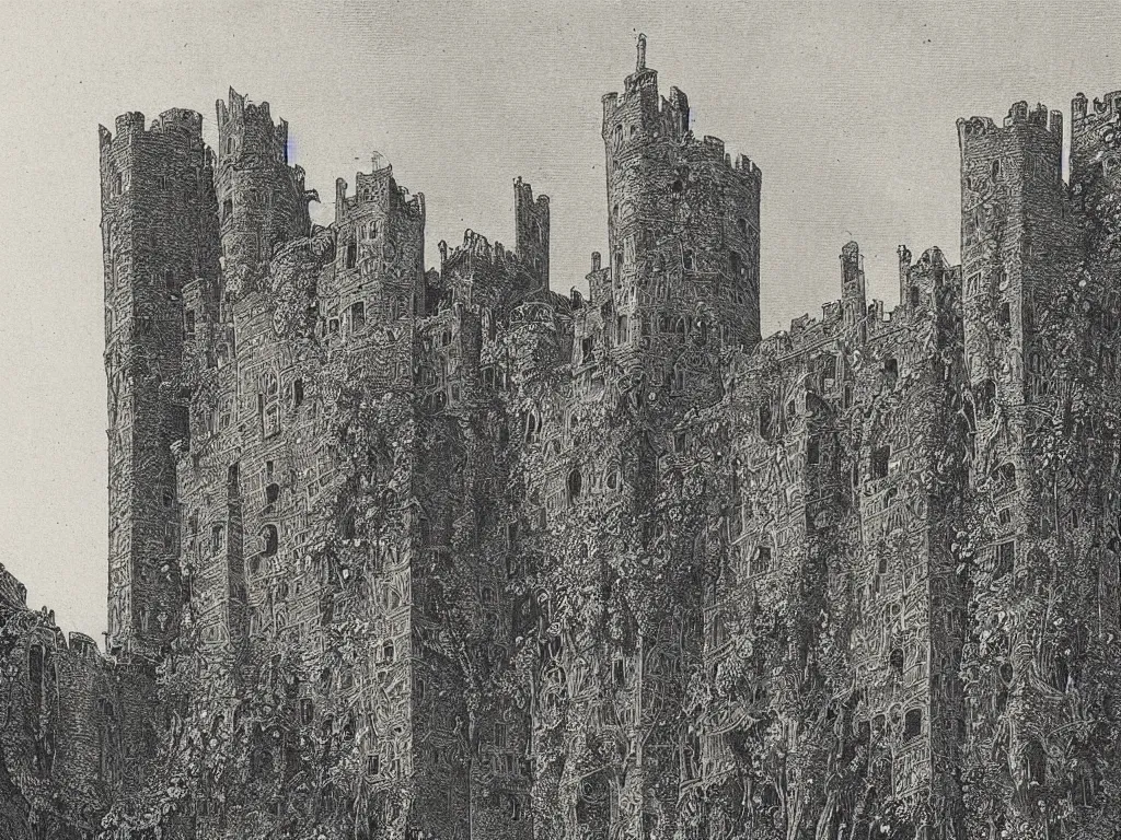 Prompt: “An engraving of the ivy-covered towers of Castle Gormenghast by Gustave Dore”