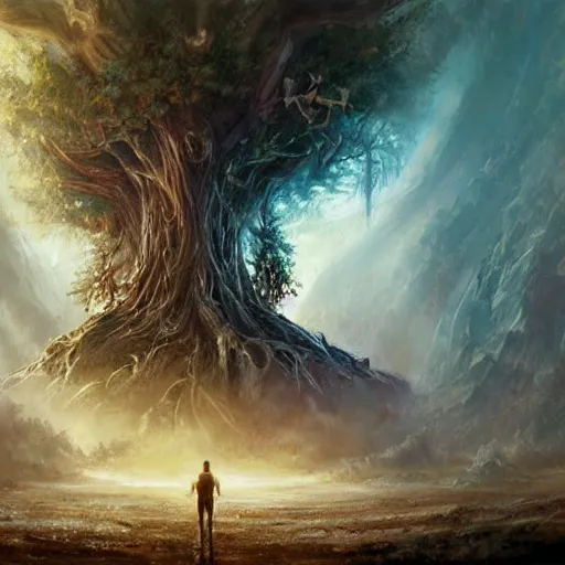 Image similar to Tree of life, epic scene, paint by Raymond Swanland