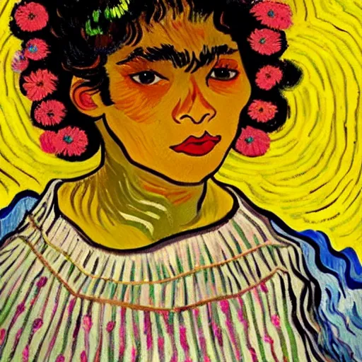 Image similar to beautiful dark skinned mexican woman, dancing in a field of flowers, prominent rosy cheek bones, black hair and brown eyes, van gogh art style,