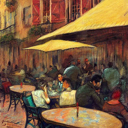 Prompt: klingon sitting at outdoor table at vintage paris cafe, digital painting, soft focus, greg rutkowski, toulouse - lautrec, john howe.