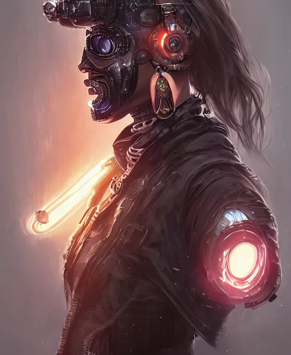 Prompt: portrait of a cyberpunk masked warrior, half body, glowin eyes, d & d, fantasy, intricate, elegant, highly detailed, digital painting, artstation, concept art, art by artgerm