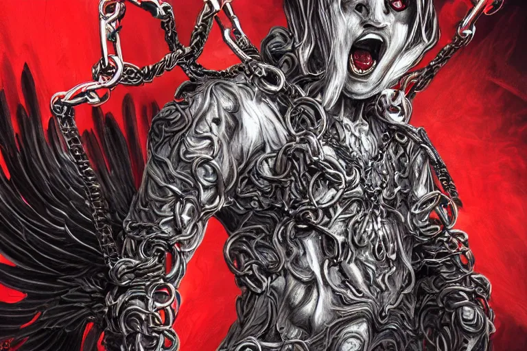 Image similar to lucifer, dark angel, demon, satan, red eyes, chain, handcuffs, large chain, wide open mouth, scream, cruelty, light effect, hyper detailed, intricate, elegant, highly detailed, digital painting, artstation, concept art, matte, sharp focus, illustration, by dan mumford, yusuke murata, makoto shinkai, ross tran