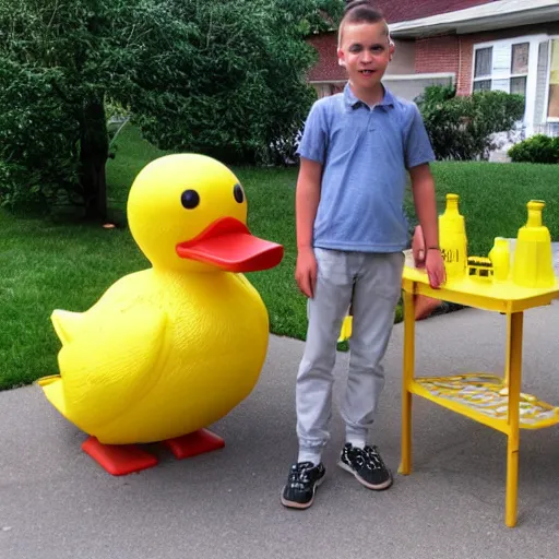 Image similar to a yellow human sized duck standing next to a children's lemonade stand