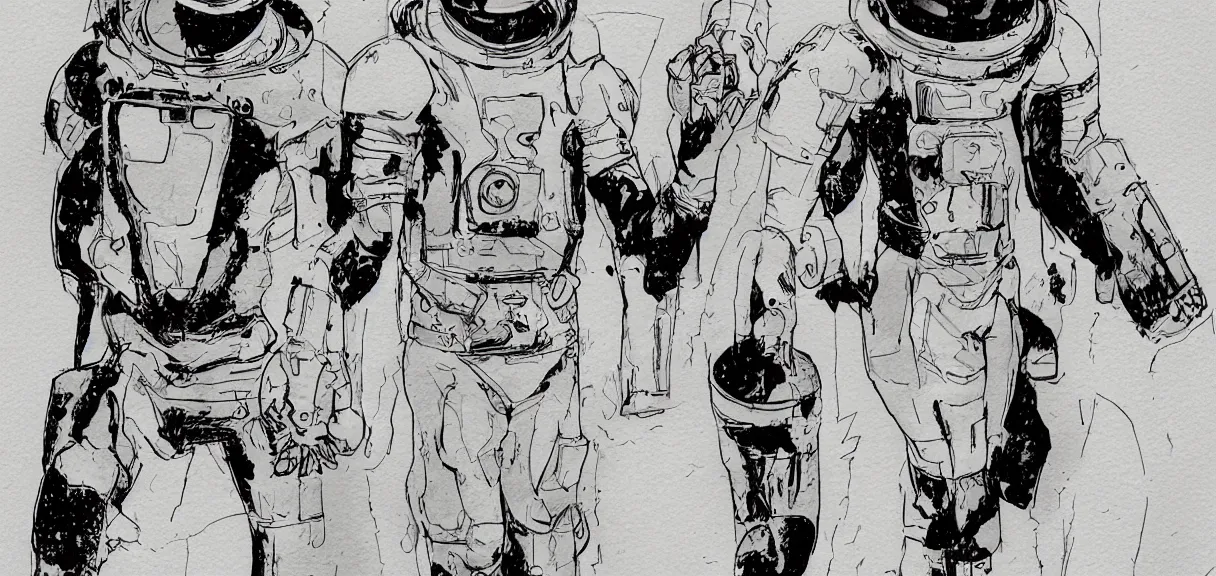 Image similar to male, heroic figure, space suit with a modern helmet, character sheet, structured shapes, science fiction, very stylized, character design, pen and ink, digital painting, watercolor wash, by mike mignola, by alex maleev, jean giraud