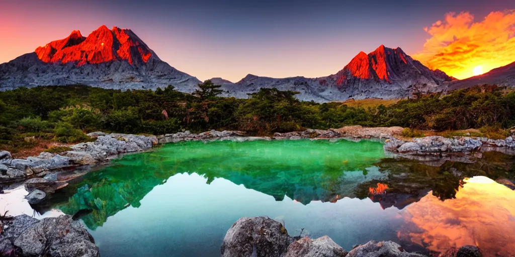 Prompt: A big and beautiful mountain with a clear pond in front of it and an orange sun behind the mountain, neon, vivid