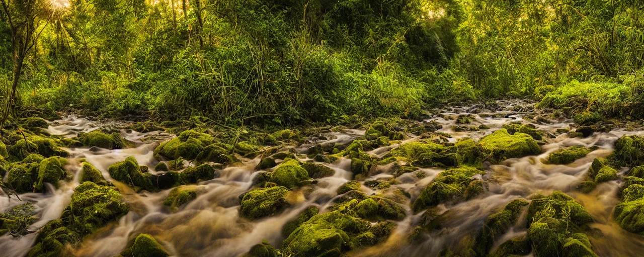 Prompt: River flows through a jungle in the mountains, golden hour, reflections, clouds, flowers, birds, landscape photography, award winning, high detail