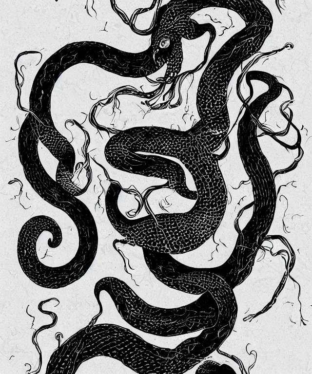 Prompt: black and white illustration, creative design, body horror, snake