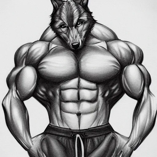 Image similar to master furry artist pencil drawing full body portrait character study of the anthro male anthropomorphic wolf fursona animal person wearing gym shorts bodybuilder at gym