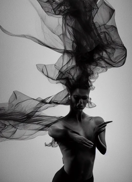 Image similar to a Photorealistic dramatic hyperrealistic render of a glamorous beautiful Female smoke dancer by Ken Brower and Deborah Ory of NYC Dance project,Lois Greenfield,Flowing cloth and smoke,Beautiful dynamic dramatic dark moody lighting,volumetric,shadows,cinematic atmosphere,Octane render,8K