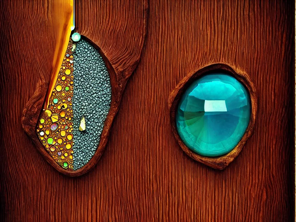 Prompt: gemstones embedded in wood, trending on deviantart, neo surrealism, sharp focus, octane, masterpiece, art by max ernst