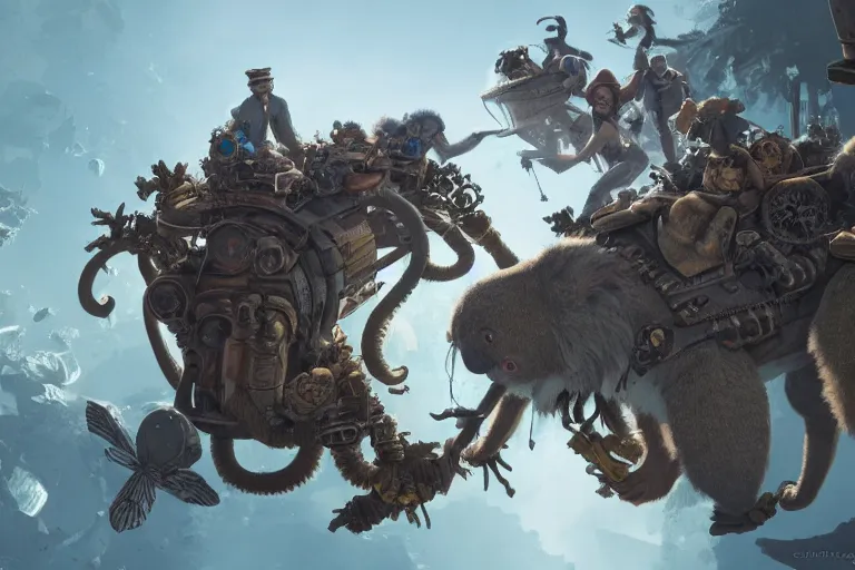 Image similar to steampunk family fighting a horde of crazy killer koalas, 3d scene, render, ultra realistic, zenith view, Greg Rutkowski, artstation, cgsociety, unreal engine, ray tracing, detailed illustration, hd, 4k, digital art, overdetailed art, concept art, complementing colors, Trending on artstation, deviantart