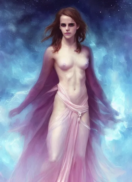 Prompt: emma watson as nature magic celestial, top down pose, long hair, soft pink and white transparent cloth, space, D&D, shiny background, intricate, elegant, highly detailed, digital painting, artstation, concept art, smooth, sharp focus, illustration, artgerm, bouguereau