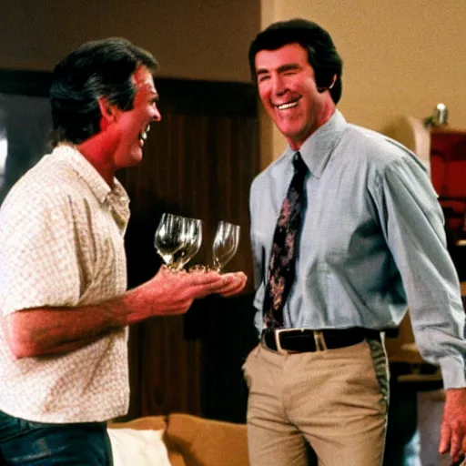 Prompt: kevin tighe laughing, as he kicks randy mantooth, who has a bottle of wine in his hand