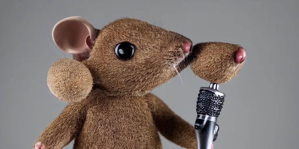 Image similar to a mouse singing with a microphone in it's hands'macro photography, studio light