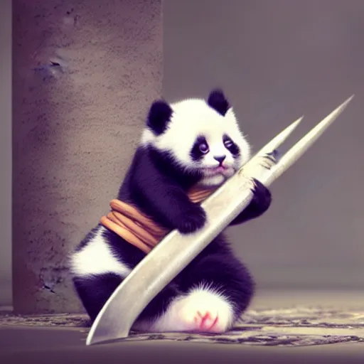 Image similar to cute kitten with panda body and cat face, in a kimono, holds a sword, by greg rutkowski, highly detailed, octane render, 4 k