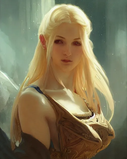 Image similar to '' Portrait of Beautiful blonde Slavic woman in her early 30’s, league of legends, LOL, fantasy, d&d, digital painting, artstation, concept art, sharp focus, illustration, art by greg rutkowski and alphonse mucha ''