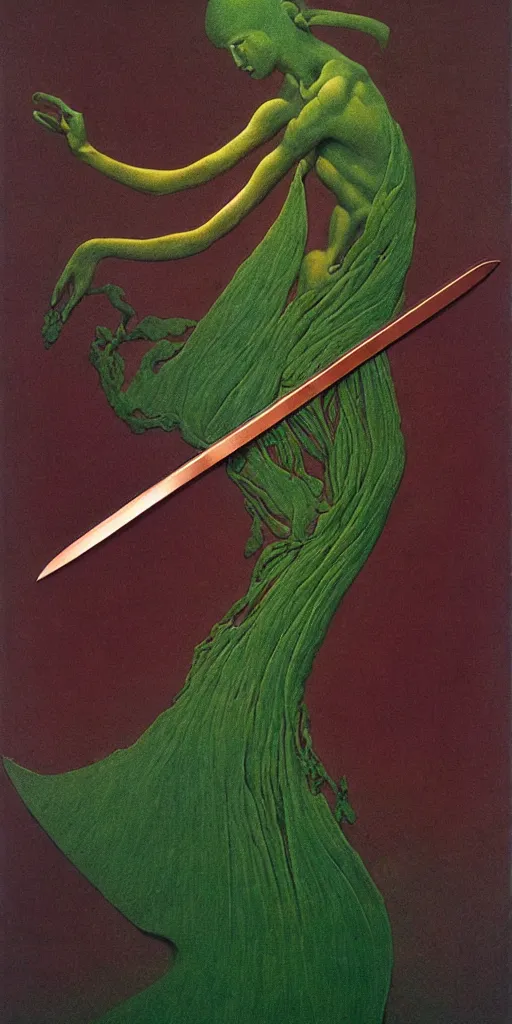 Image similar to a sword made from flower petals in the style of zdzisław beksinski, elegant, copper and emerald