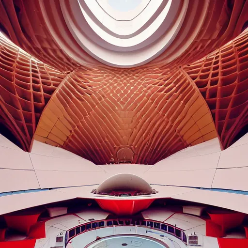 Image similar to interior of a futuristic lotus temple space station with gold, red and white marble panels, by buckminster fuller and syd mead, intricate contemporary architecture, photo journalism, photography, cinematic, national geographic photoshoot