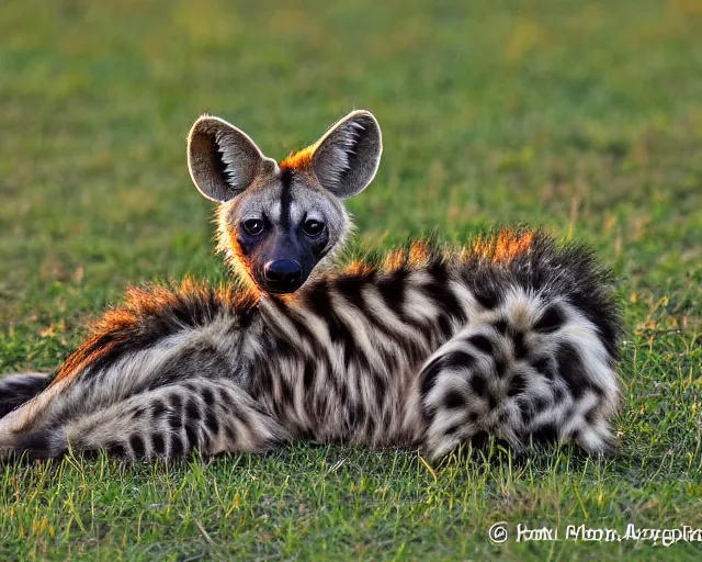 Prompt: striped hyena laying in between the green in savannah, sunset, far - shot