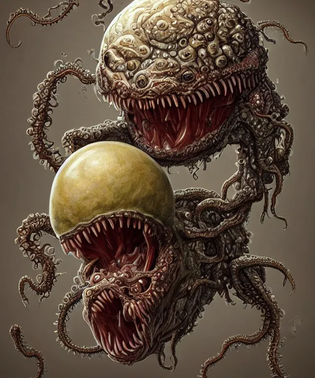 Prompt: hziulquoigmnzhah, large mouth with teeth, head dangling underneath body!!!!, spherical body, elongated arms, short legs, lovecraftian horror!, surrealism, fantasy, intricate, elegant, highly detailed, digital painting, artstation, concept art, matte, sharp focus, illustration, art by keith thompson and christopher lane