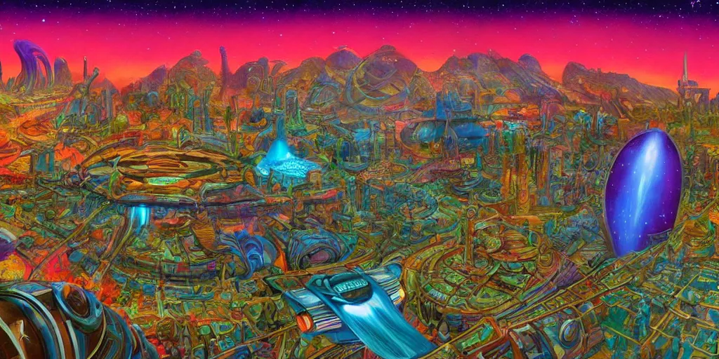 Prompt: a psychedelic retro sci fi city in space by roger dean, digital art, trending on artstation, 4k, equirectangular projection, 360