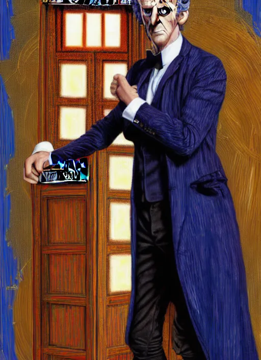 Prompt: oil painting of the twelfth doctor from doctor who with his tardis, intricate, elegant, highly detailed, lighting, painting, artstation, smooth, illustration, art by greg rutowski and alphonse mucha