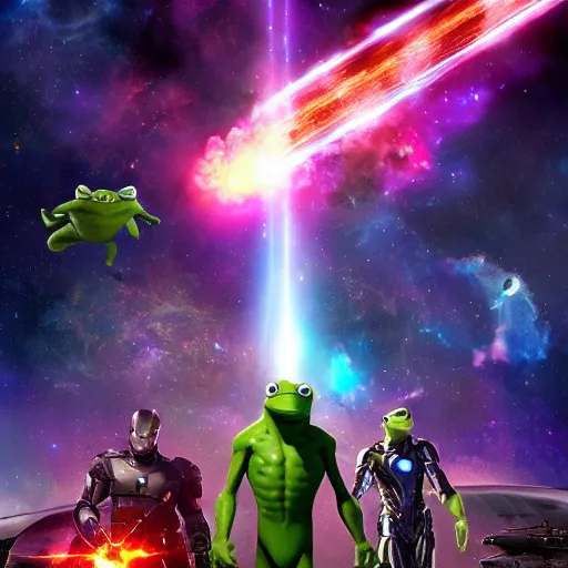 Image similar to the avengers battle one kermit the frog in space, galaxy, hd, 8 k, explosions, gunfire, lasers, giant, epic, showdown, colorful, realistic photo, unreal engine, stars, prophecy, epic oil painting, powerful, diffused lighting, destroyed planet, debris, justice league, movie poster, violent,