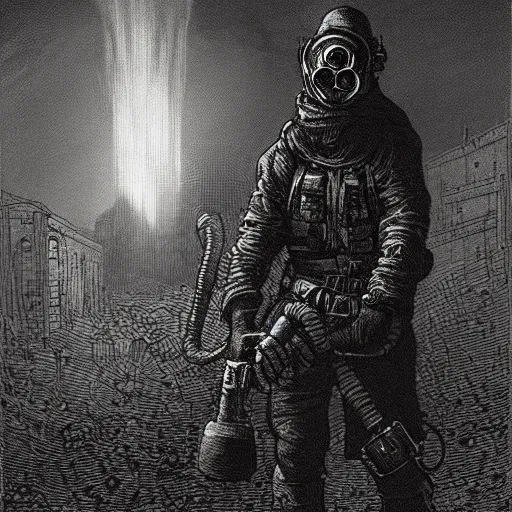 Prompt: Fallout, soldier with a gasmask, dark clouds, fire, burning, dark, eerie, night, dystopian, city, eldritch, illustration by Gustave Doré