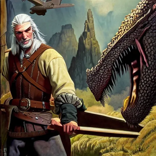 Image similar to geralt of rivia examines a sleeping dragon detailed american wwii propaganda poster by james gurney and pixar