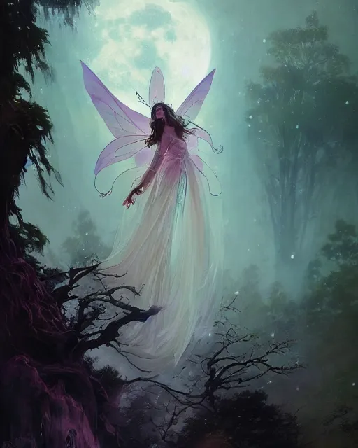 Image similar to a portrait of beautiful fairy goddness fly high in the night, d & d, fantasy, mist, full moon in background, trees, hyper detailed,, midium shot, an oil painting by ruan jia, trending on artstation, concept art, sharp focus, illustration, gaston bussiere, craig mullins, j. c. leyendecker, beautiful lighting