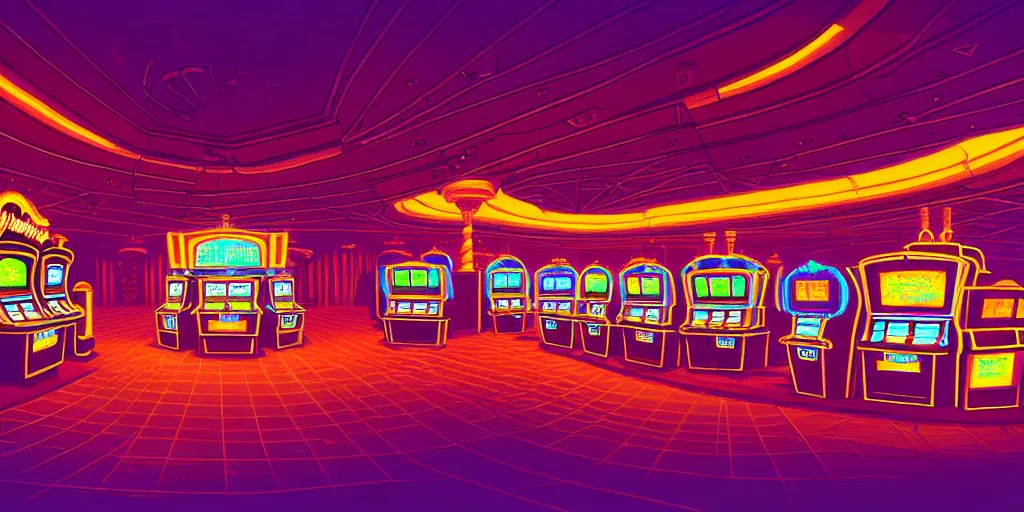 Image similar to extreme wide angle curly perspective digital art of indoor casino with a stage pale colors by anton fadeev from nightmare before christmas