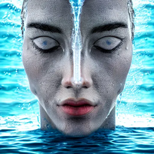 Image similar to water artwork manipulation in the shape of a human head, on the ocean water, futuristic, award winning, hyper realistic, ray tracing, realistic water, sharp focus, long shot, 8 k resolution, cinematic, photoshop water art