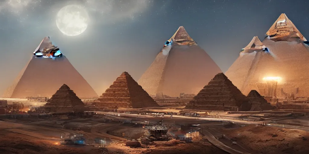 Image similar to a beautiful view of a spaceport at the pyramids, matte painting, cinematic lighting, hyper - detailed, 4 k, scifi