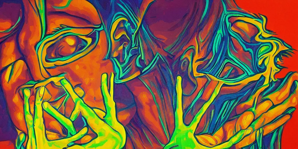 Prompt: a psychedelic surreal painting of a man removing a nail made of energy from his third eye