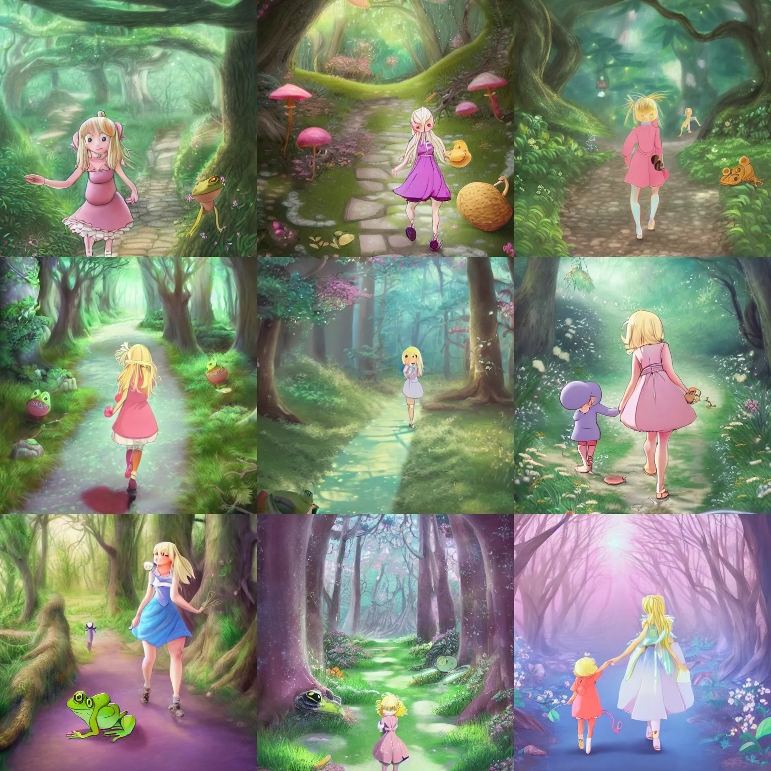 Prompt: illustration of a blonde girl with a hopping frog leading her down a path, in a whimsical fairytale forest, in the style of studio ghibli, fantasy, anime, cute, shoujo, trending on artstation, very detailed, realistic, pastel colours,