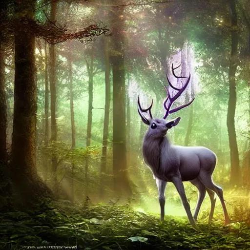 Image similar to hyper realistic beautiful fantasy elven celestial stag, in a magical and beautiful highly detailed forest background. sunlight rays throught the trees. concept digital art 8 k rendering.