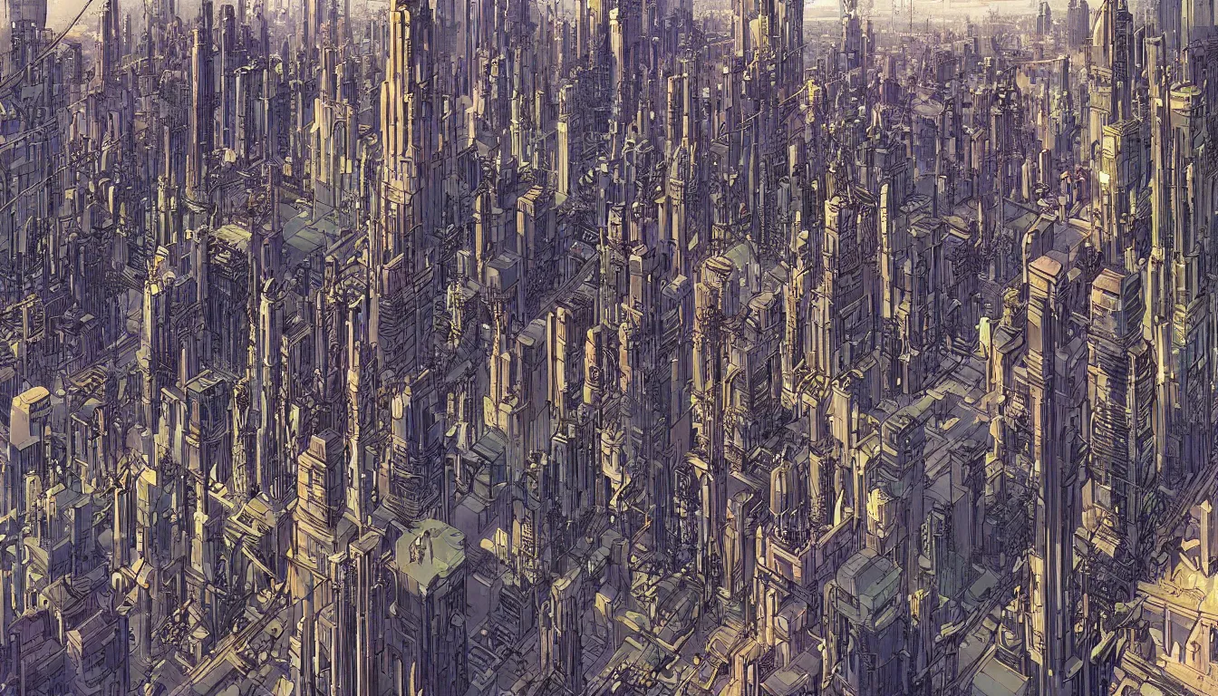 Prompt: futuristic city by moebius