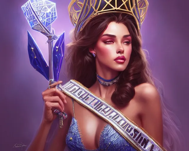 Image similar to lizkatz as miss universe, 8 k, deep focus, d & d, fantasy, intricate, elegant, highly detailed, digital painting, artstation, concept art, matte, sharp focus, illustration, hearthstone, art by artgerm and greg rutkowski and alphonse mucha