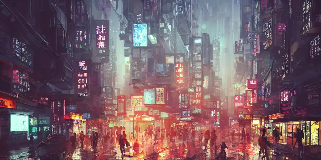 Prompt: hongkong style, small building, city, street view, science fiction, cyberpunk, rain day, wide angle, full of people, moon, a lot of lights, cinematic lighting, high detail, digital painting, concept art, illustration, smooth, sharp focus, trending on artstation, trending on deviantart, 4 k