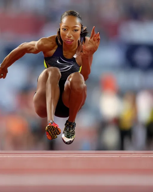 Image similar to allyson felix, crouching at the 2 0 0 - meter starting line, hyperreal, sports photography in the style of neil leifer