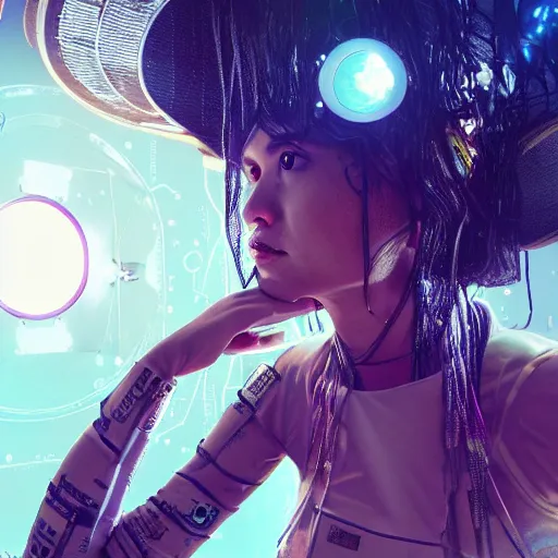 Prompt: space station on the moon, piles of modular synth cables mixed with mangrove roots, kawaii puerto rican goddess staring through your soul wearing a headpiece made of circuit boards, by cameron gray, wlop, stanley kubrick, masamune, hideki anno, jamie hewlett, unique perspective, eastman color, trending on artstation, cinematic, 3 d render, muted neon