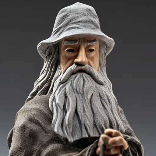 Image similar to figurine made of rough stone of gandalf with no hat. gandalf is sitting at a light - mixer, studio photo, uhd 4 k, backlight, rule of thirds