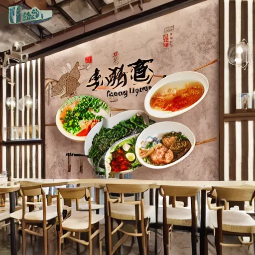 Image similar to a beautiful hyperdetailed 4 k hd wall paper illustration of roasted string hotpot restaurant restaurant yan'an, wall corner, simple style, wall painting, from china, with merchant logo, simple structure, surrealistic, chinese style, victo ngai