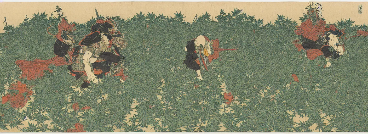 Prompt: full armored knight sitting in a huge field of cannabis plants, katsushika hokusai, high details, colorful, atmospheric light