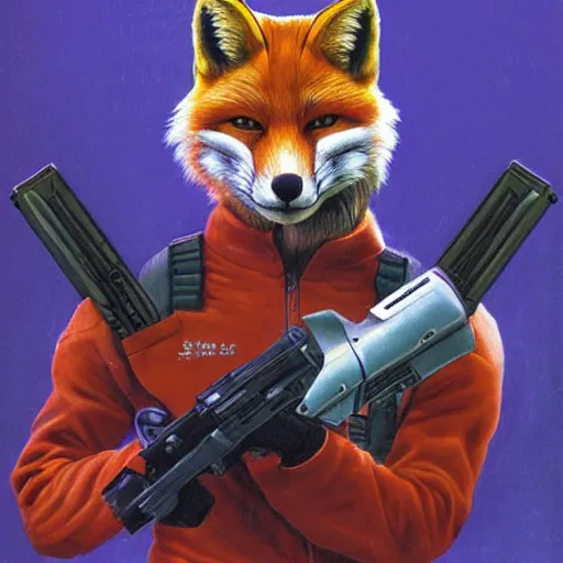 Image similar to a portrait of fox mccloud holding a blaster, suspenseful, heroic, anthropomorphic furry art, star fox, by jim burns, vincent di fate, and peter elson