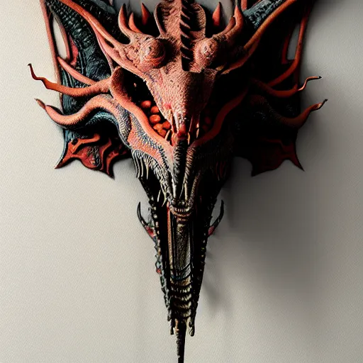 Image similar to a chthonic dragon head art by Daniel Dos Santos, Beksinski, Giger, intricate colourfully painted carved wood paneling, dark souls, ivory and copper , artstation