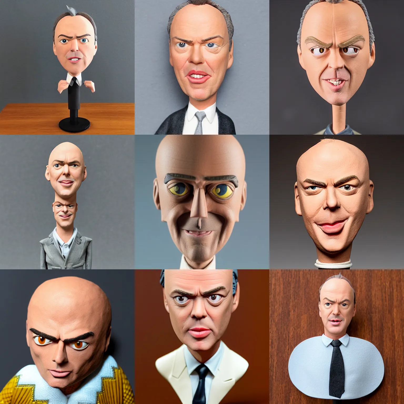 Prompt: michael keaton !!! very extremely realistic!!! extreme likeness!!! smooth specular clay! extremely close smooth specular sculpted headshot of michael keaton caricature clay puppet , soft light, on wooden table. style: claymation puppet kids clay , by guldies